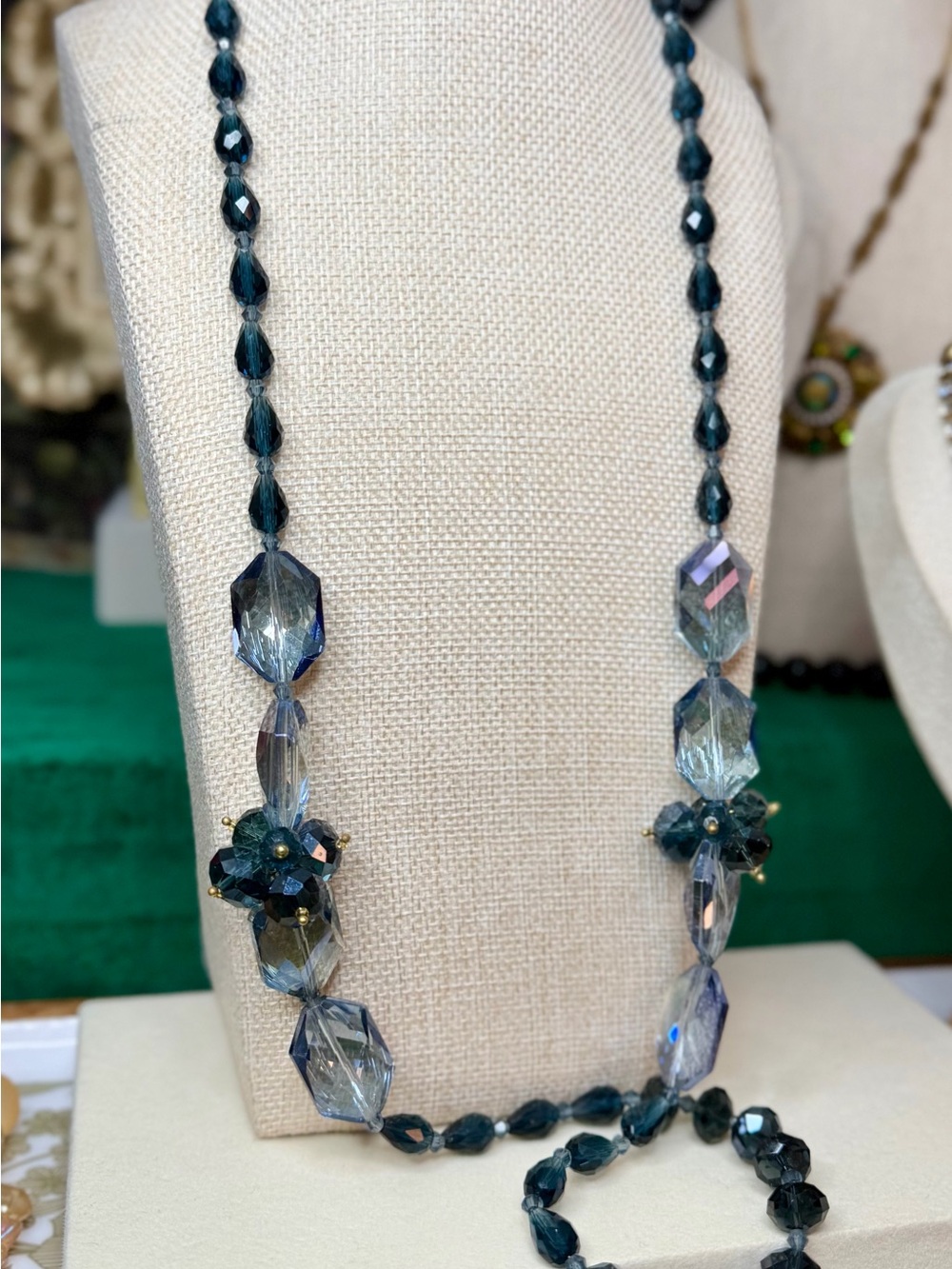SIGNED KJL Kenneth Jay Lane Elegant Dark Teal Glass Crystal Long Necklace